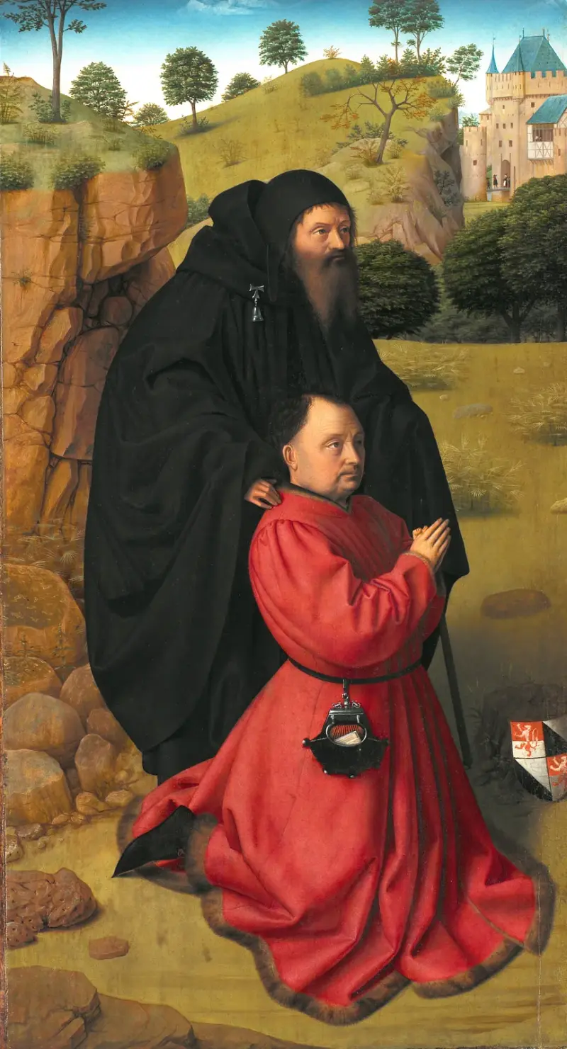 Altar Panel with a Portrait of a Donor in Scarlet under the Protection of St Anthony av Petrus Christus