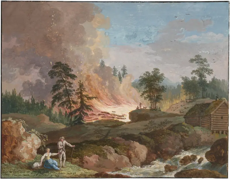 Ett landskap i Sverige med bönder som bränner skog och ett par som vilar vid en bäck av Jacob Philipp Hackert
