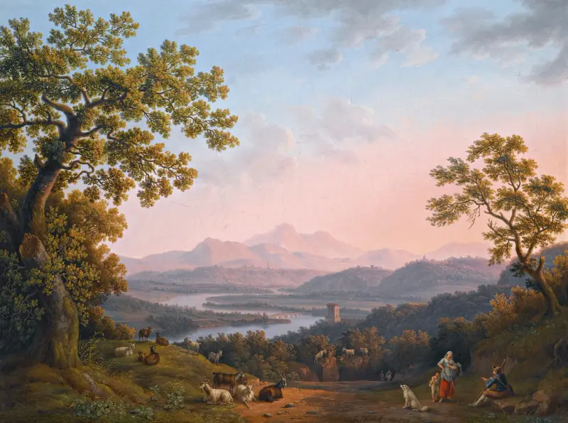 A View Along The Valley Of The River Tiber Towards Poggio Mirteto, And Beyond The Sabine Mountains Lit Up By The Evening Sun av Jacob Philipp Hackert