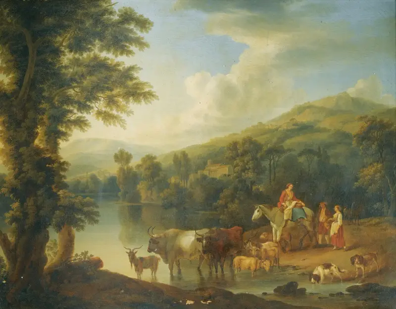 A Wooded River Landscape With A Woman On A Grey Horse With Animals Watering av Jacob Philipp Hackert