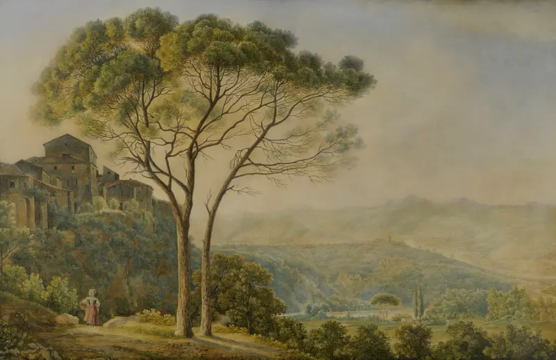 Bergslandskap med pinjer av Jacob Philipp Hackert