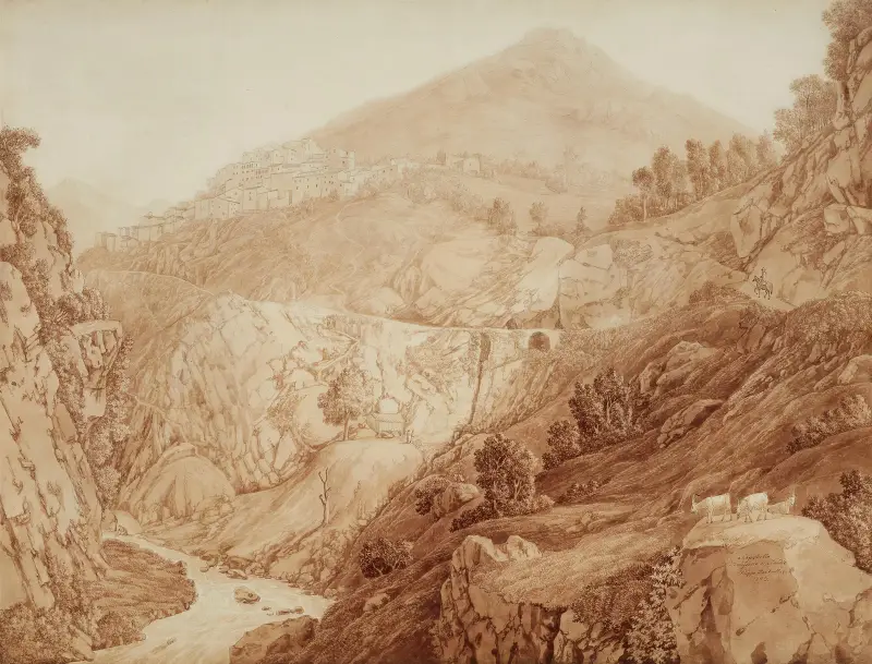 Blick auf Capistrello und den ’emissario di Claudio’ av Jacob Philipp Hackert
