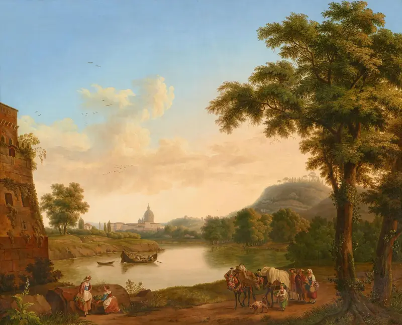 Blick auf den Tiber und St. Peter vom Ponte Milvio av Jacob Philipp Hackert
