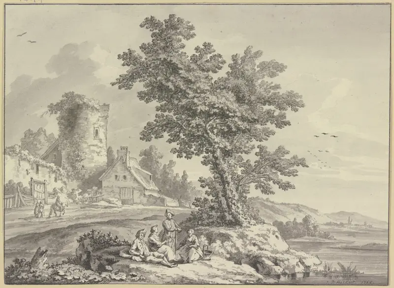 Flusslandschaft, links ein Bauernhaus an dem Turm einer Stadtmauer, in der Bildmitte rasten vier Personen an einem Baum av Jacob Philipp Hackert