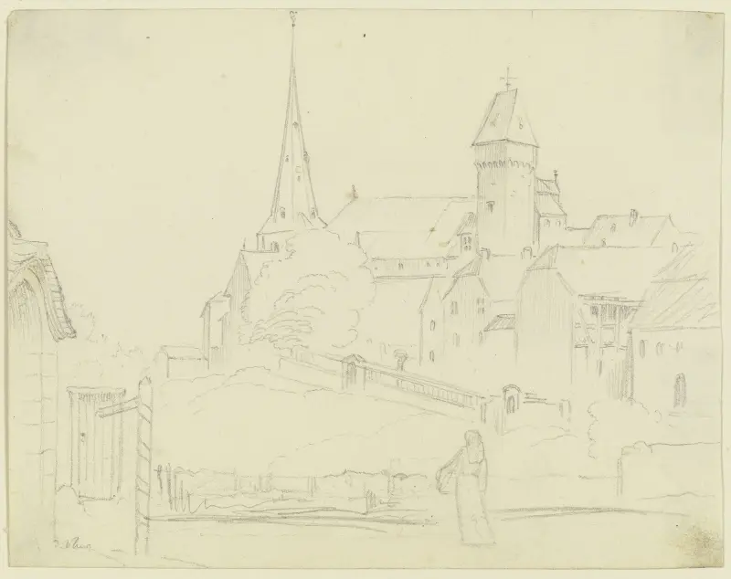 Mittelalterliches Dorf mit Kirche und Stadtturm av Philipp Veit