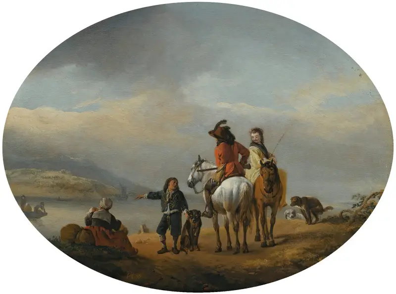 En dam och en herre till häst visas för en annalkande färja av en ung page av Philips Wouwerman