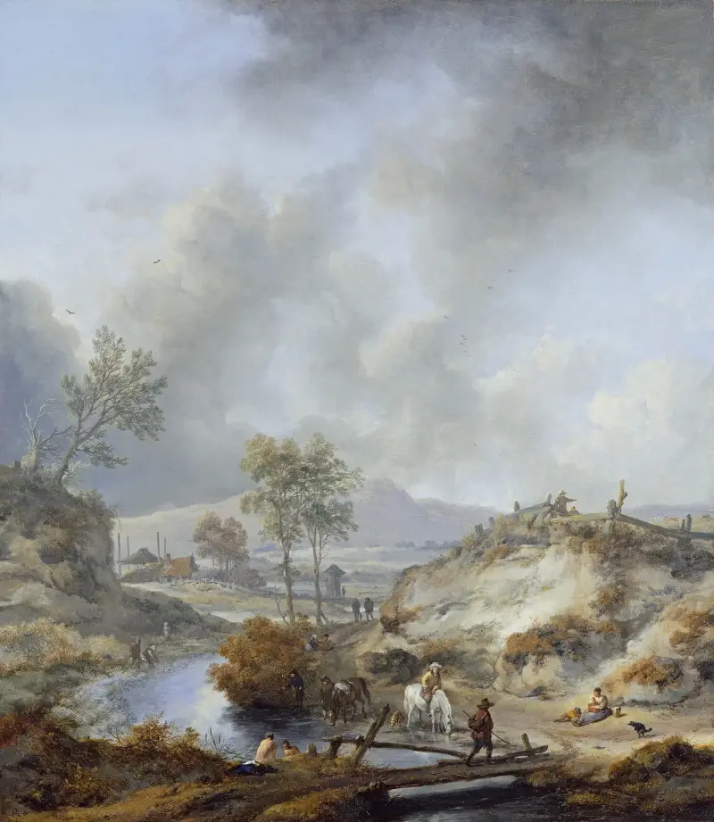 Ein Bach in hügeliger Landschaft von Philips Wouwerman