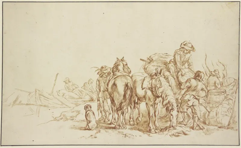 Bönder som lastar frukt från båtar på sina vagnar av Philips Wouwerman