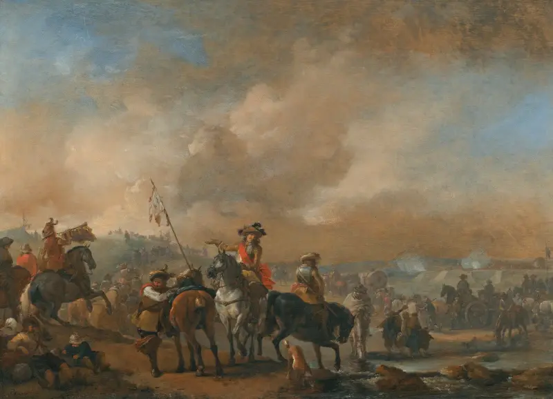 Kavallerie in Bewegung, eine Festung im Hintergrund belagert von Philips Wouwerman