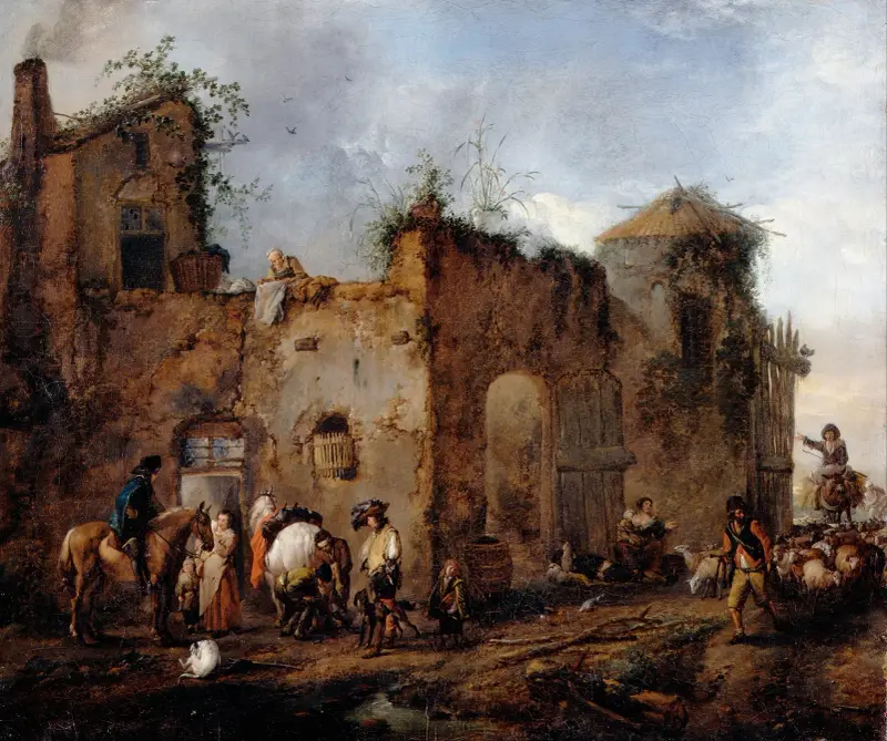 Hof mit einem Hufschmied, der ein Pferd beschlägt von Philips Wouwerman