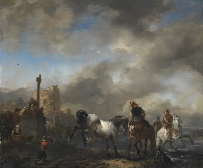 Pferdetränke an einem Grenzstein von Philips Wouwerman
