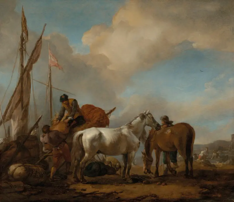 Pferde in einer Landschaft mit Figuren, die Ballen auf ein Boot laden von Philips Wouwerman