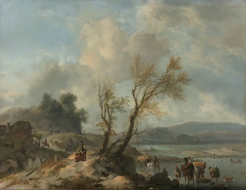 Landschaft mit sandigem Weg an einem Fluss von Philips Wouwerman