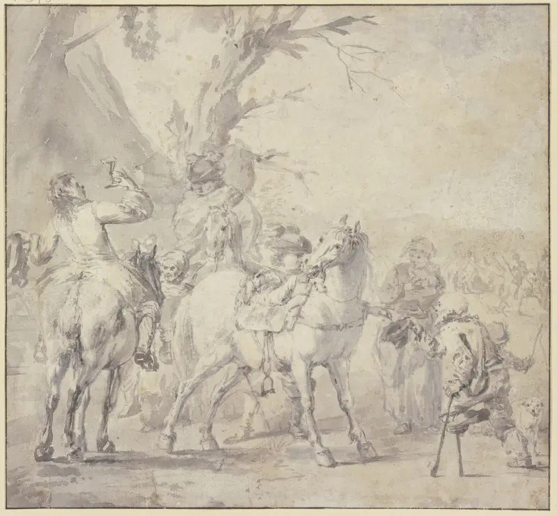 Reiter erquicken sich vor einer Wirtschaft, rechts ein Bettler mit Stelzfuß av Philips Wouwerman