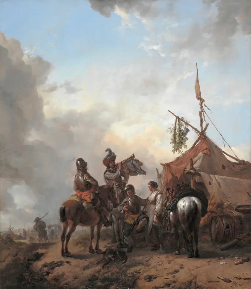 Soldater som rumlar med en serverande kvinna utanför ett tält av Philips Wouwerman