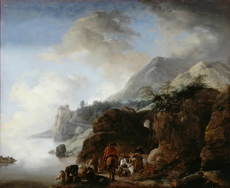 Reisende, die auf eine Fähre warten von Philips Wouwerman