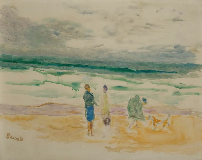 La plage. Trois personnages et un chien av Pierre Bonnard
