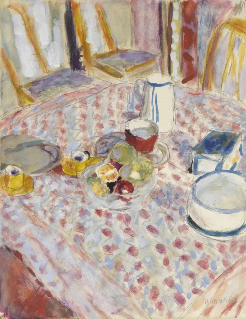 Nature morte sur une nappe à carreaux rouges av Pierre Bonnard