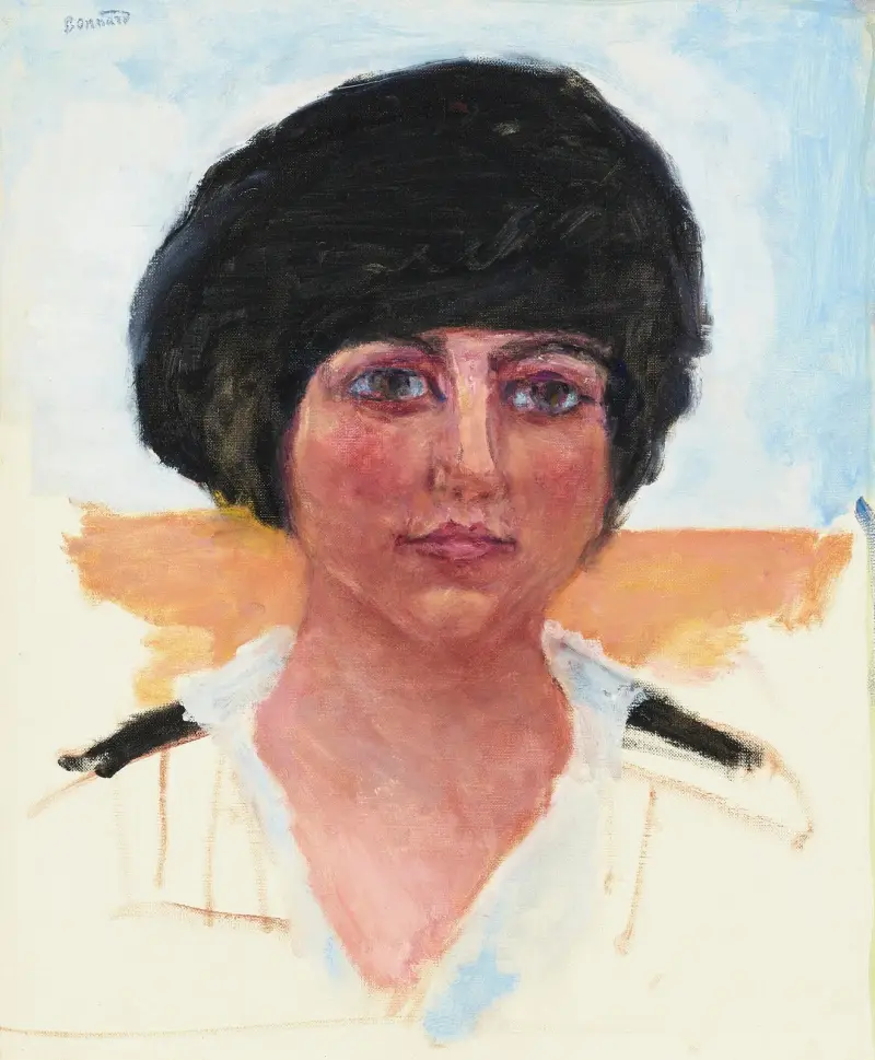 Tête de femme, toque noire, Mme Lucienne Dupuy de Frenelle (étude) av Pierre Bonnard