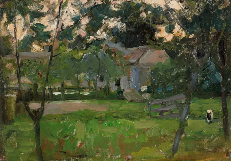 Bondgård i Het Gooi flankerad av unga träd av Piet Mondrian