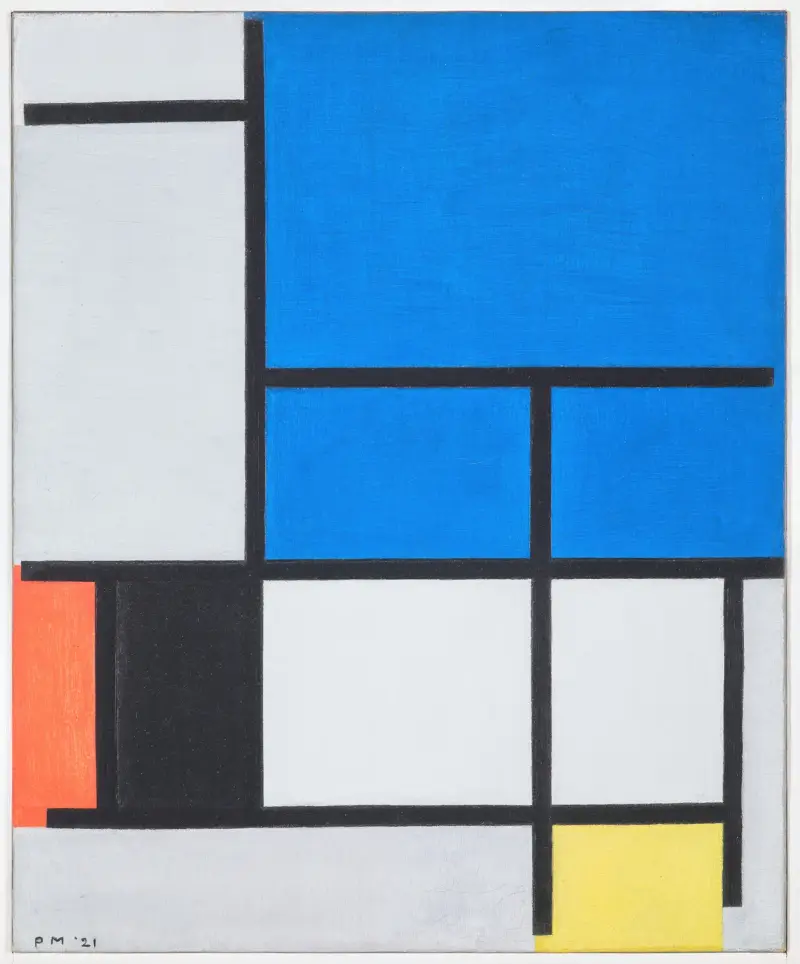 Komposition med stor blå yta, rött, svart, gult och grått av Piet Mondrian