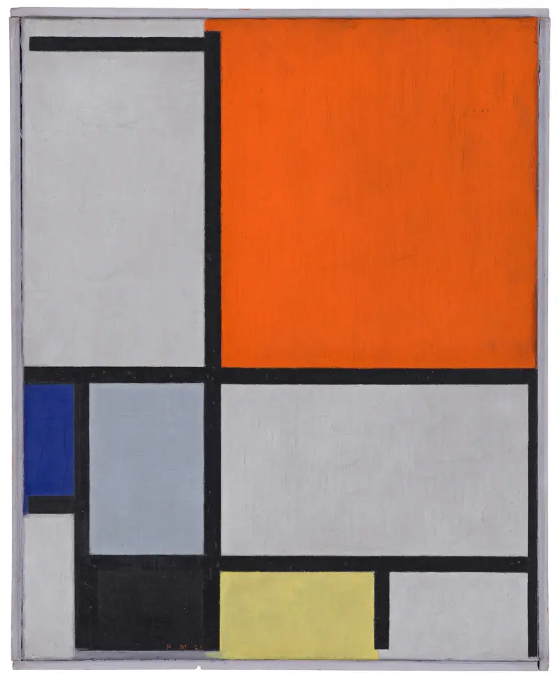 Komposition med stort rött plan, blått, grått, svart och gult av Piet Mondrian
