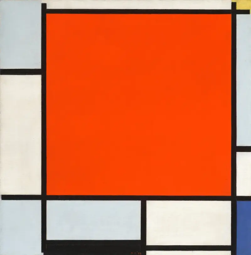 Komposition med stor röd plan, blågrått, gult, svart och blått av Piet Mondrian