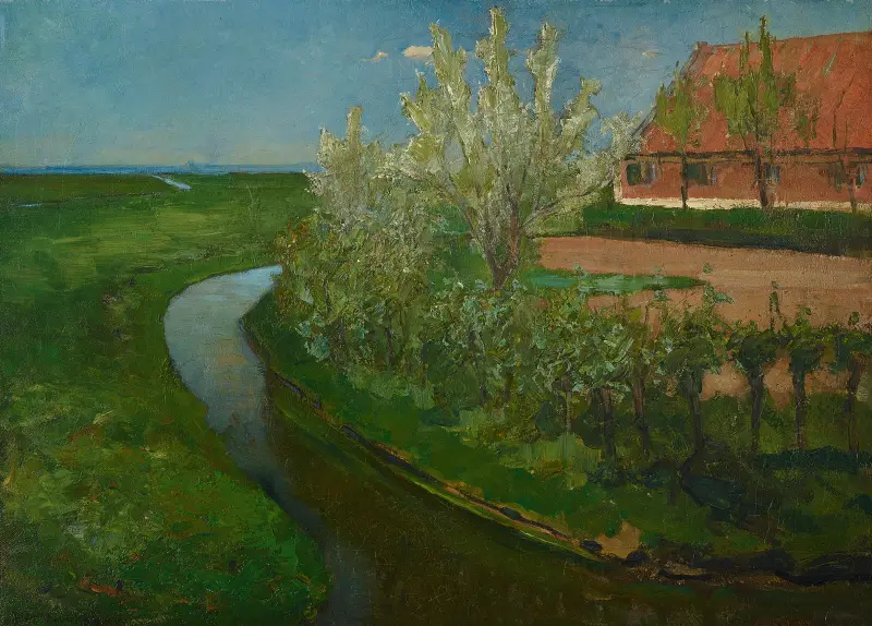 Böjd bevattningskanal intill gårdsplan med blommande träd av Piet Mondrian