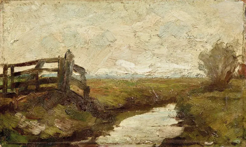 Irrigation ditch with wood gate at left av Piet Mondrian