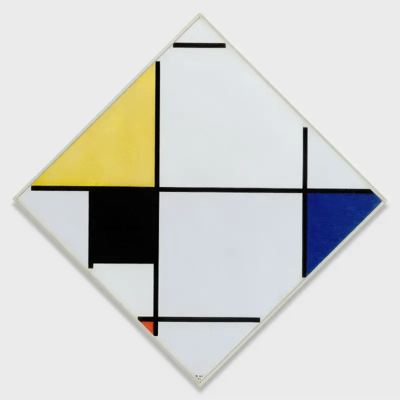 Rombkomposition med gult, svart, blått, rött och grått av Piet Mondrian