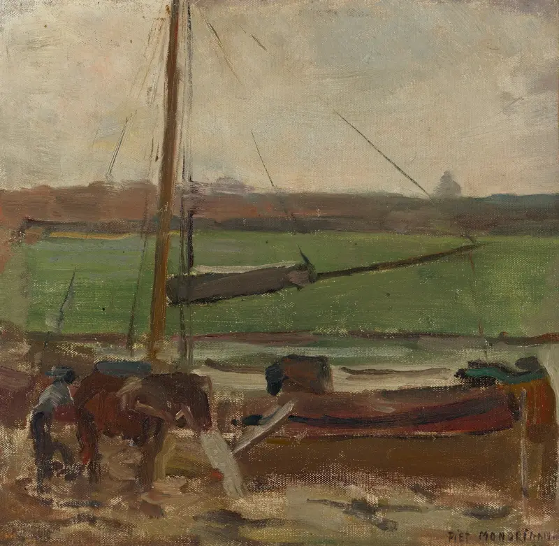 Polder med förtöjd fraktskuta utanför Amsterdam II av Piet Mondrian