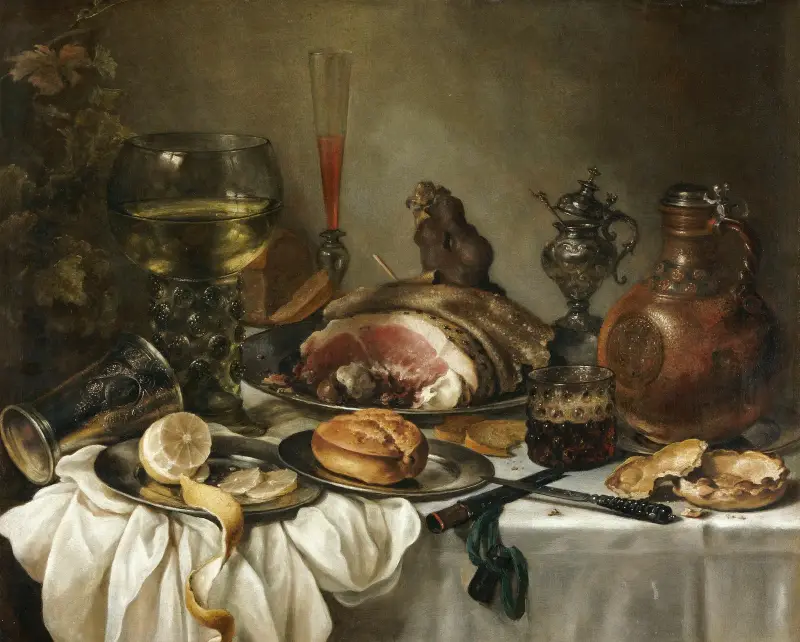 Still Life Of A Roemer, An Earthenware Jug, An Overturned Silver Beaker, A Ham And Other Objects Arranged Upon A Draped Table Top av Pieter Claesz