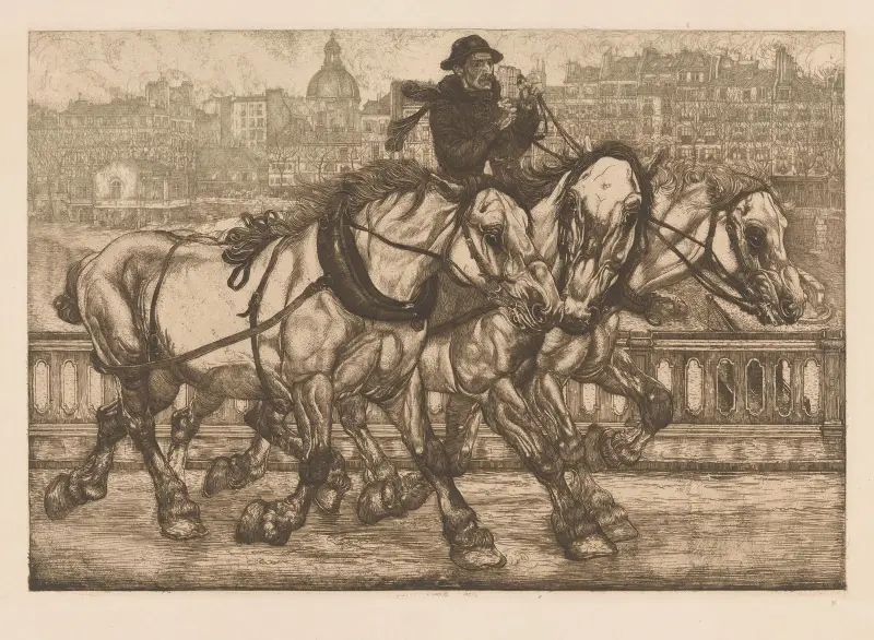 Drie paarden op de Pont de Sully in Parijs av Pieter Dupont