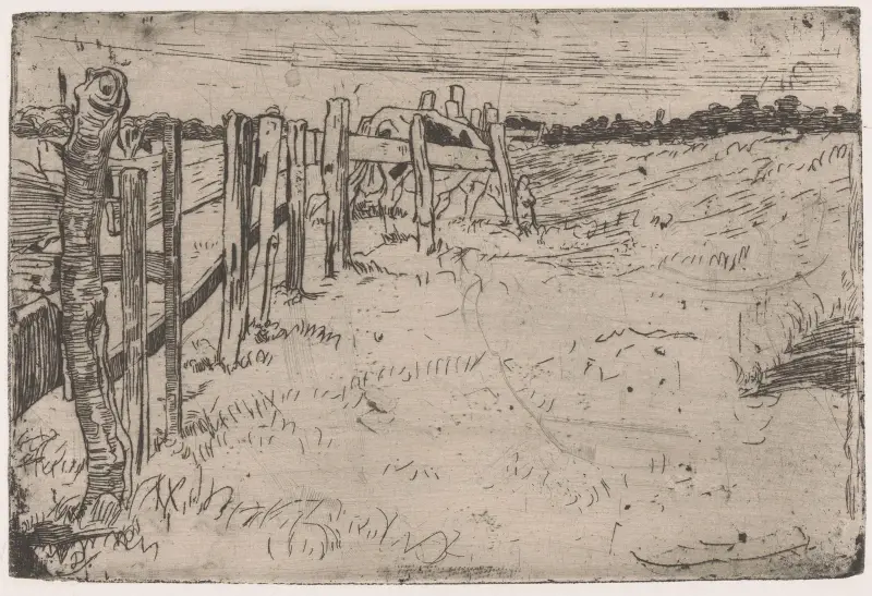 Grasende Kuh an einem Zaun auf einer Wiese von Pieter Dupont