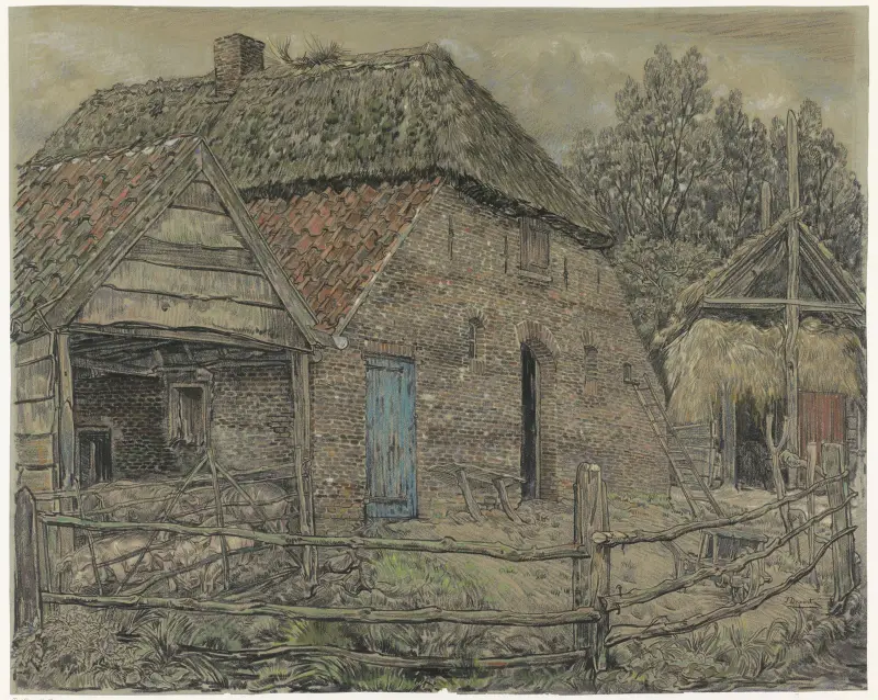 Grote boerenschuur, met een varkenshok ervoor av Pieter Dupont