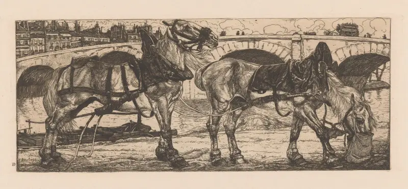 Zwei Zugpferde an der Seine in Paris von Pieter Dupont