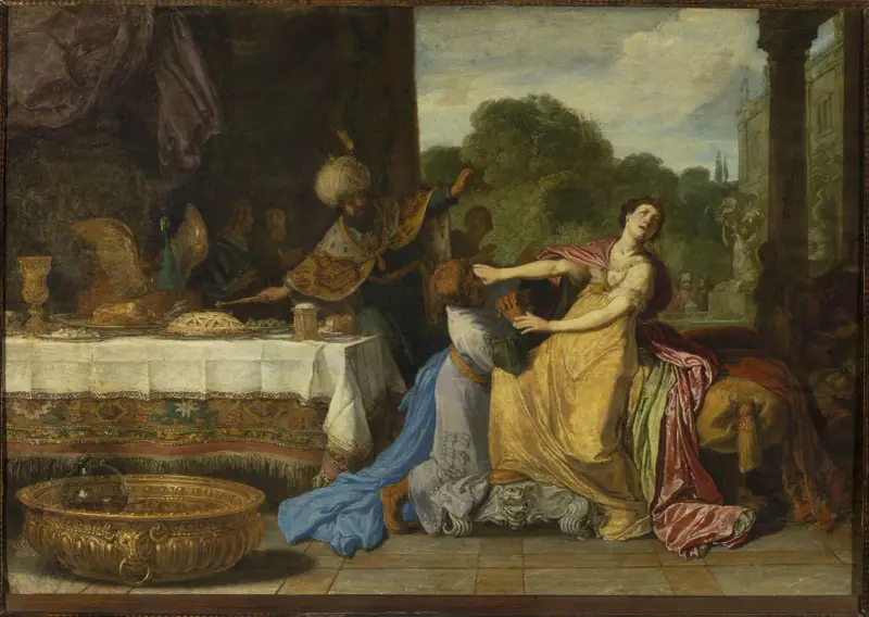 Haman bönfaller Ester om nåd (Esther 7:6–7) av Pieter Lastman
