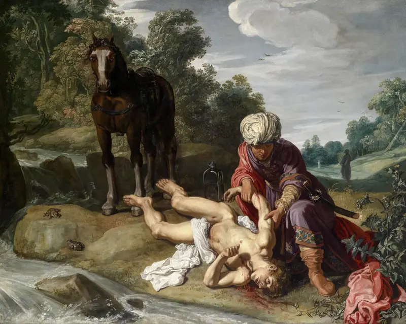 The Good Samaritan tending the wounds of the traveller av Pieter Lastman