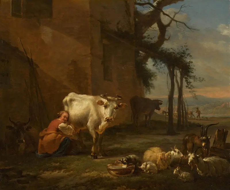 En mjölkerska med sin hjord, flodlandskap bortom av Nicolaes Pietersz. Berchem