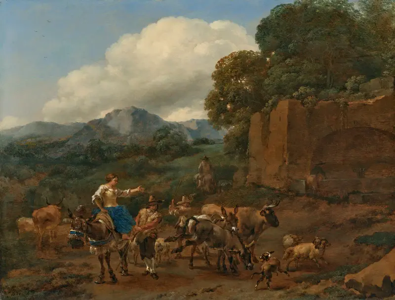 Italienische Landschaft mit einer Hirtin auf einem Esel und einem Hirten, der Vieh auf einem Bergweg an Ruinen entlangtreibt von Nicolaes Pietersz. Berchem