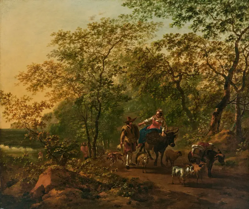 Włoski pejzaż leśny z kobietą na wole i poganiaczem bydła, Nicolaes Pietersz. Berchem