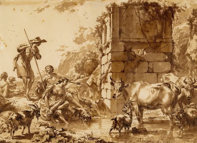 Vieh an der Tränke, mit einem Hirten und vier Hirtinnen von Nicolaes Pietersz. Berchem