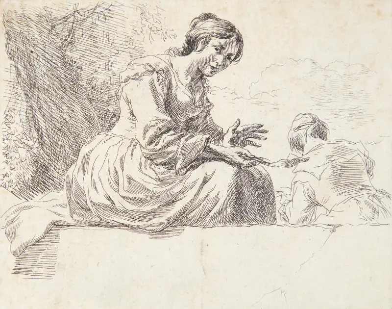 Bondflicka sittande på en sten (titelblad till Får) av Nicolaes Pietersz. Berchem