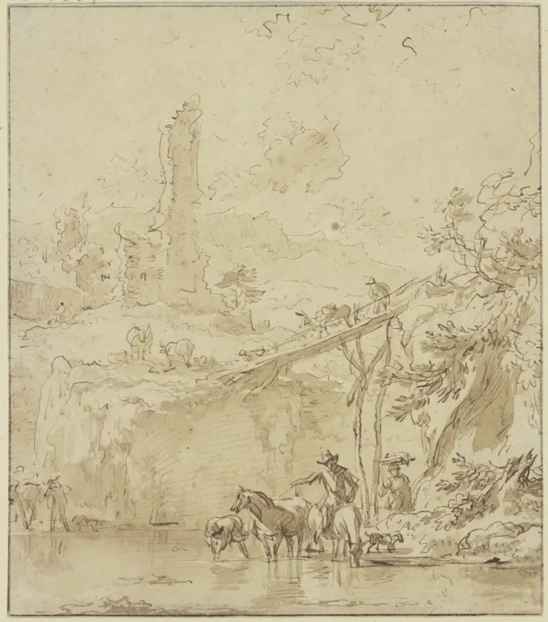 Burgruine, rechts ein hoher Steg, ein Bauer tränkt seine Pferde av Nicolaes Pietersz. Berchem