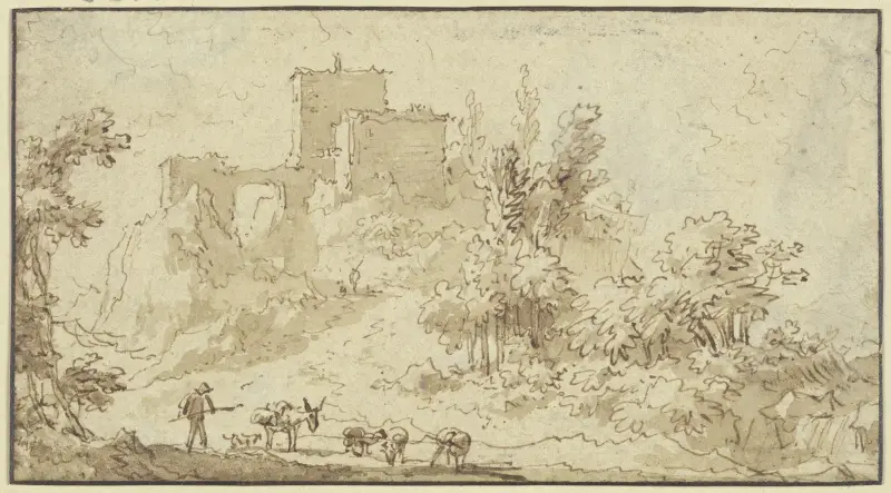 Borgruin, i förgrunden en herde med åsnor och får av Nicolaes Pietersz. Berchem