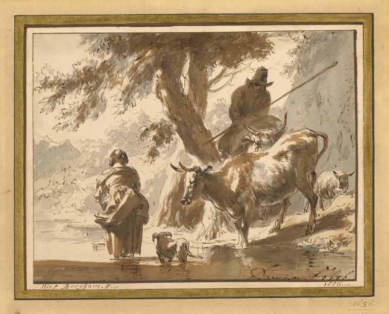 Kühe an einer Furt mit einem Paar und einem Hund von Nicolaes Pietersz. Berchem