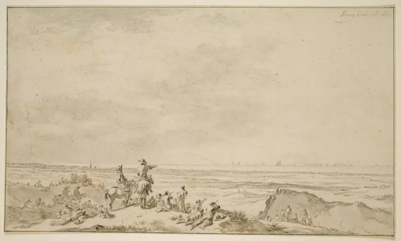 Dynlandskap med sjöslag i fjärran av Nicolaes Pietersz. Berchem