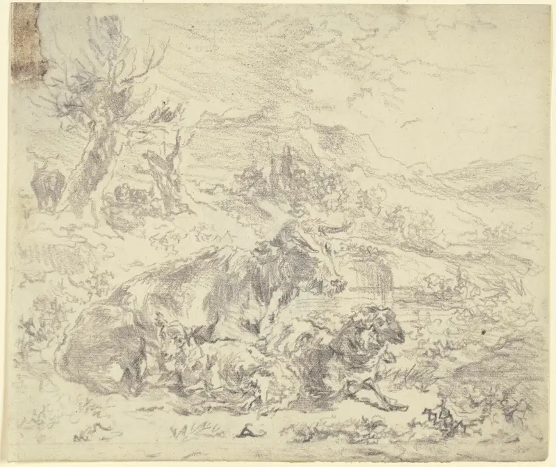 Eine Kuh, eine Ziege und ein Schaf beieinander in einer bergigen Landschaft liegend von Nicolaes Pietersz. Berchem