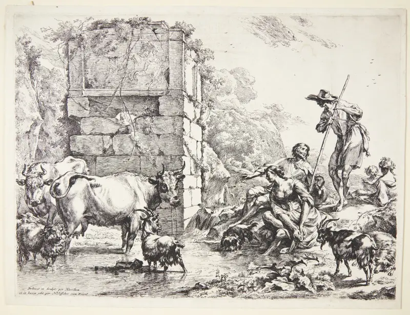En herde vattnar sina djur vid en igenvuxen ruin av Nicolaes Pietersz. Berchem