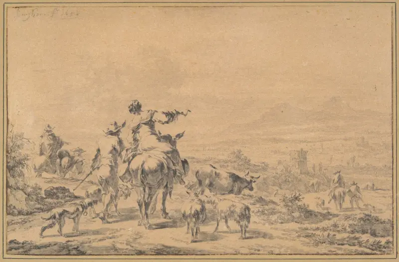 Herdar i ett italienskt landskap av Nicolaes Pietersz. Berchem